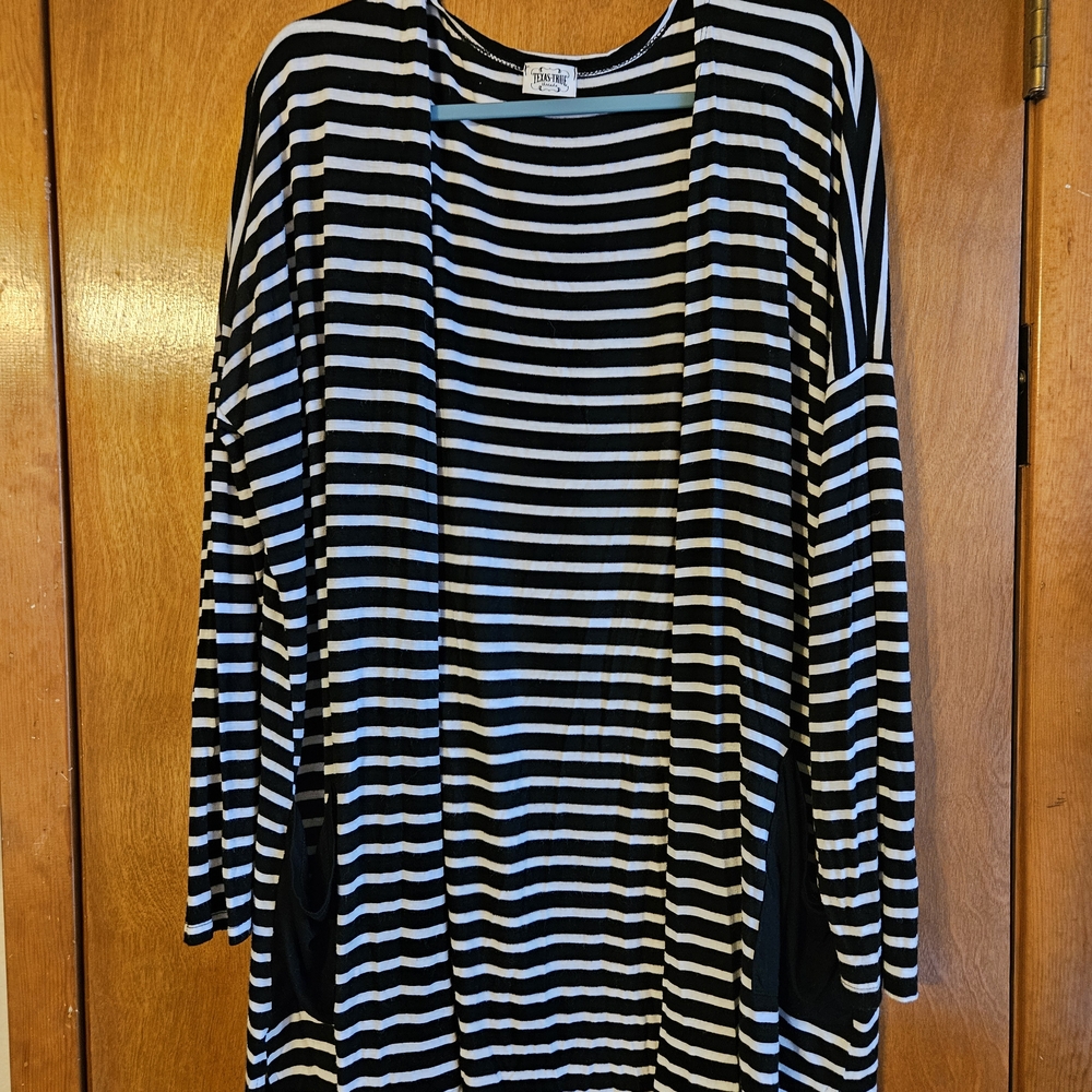 Black & White Striped Open Cardigan Sweater